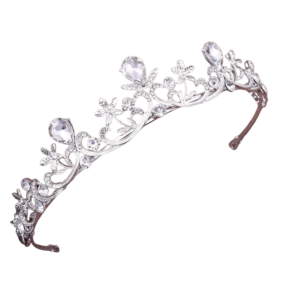 Silver floral crystal bridal tiara adorned with clear teardrop and round crystals for wedding headband use