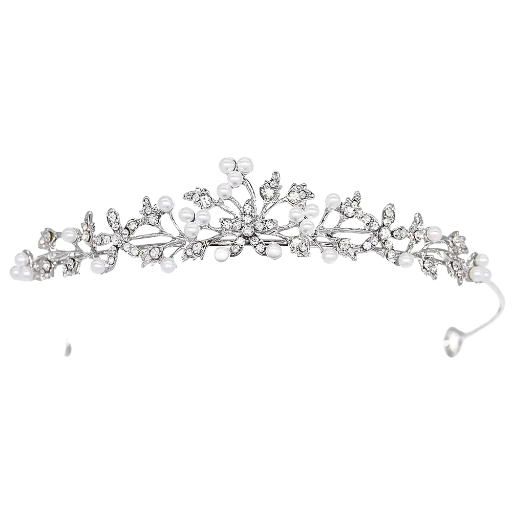 Silver floral bridal tiara adorned with sparkling crystals and delicate white pearls for wedding headband use