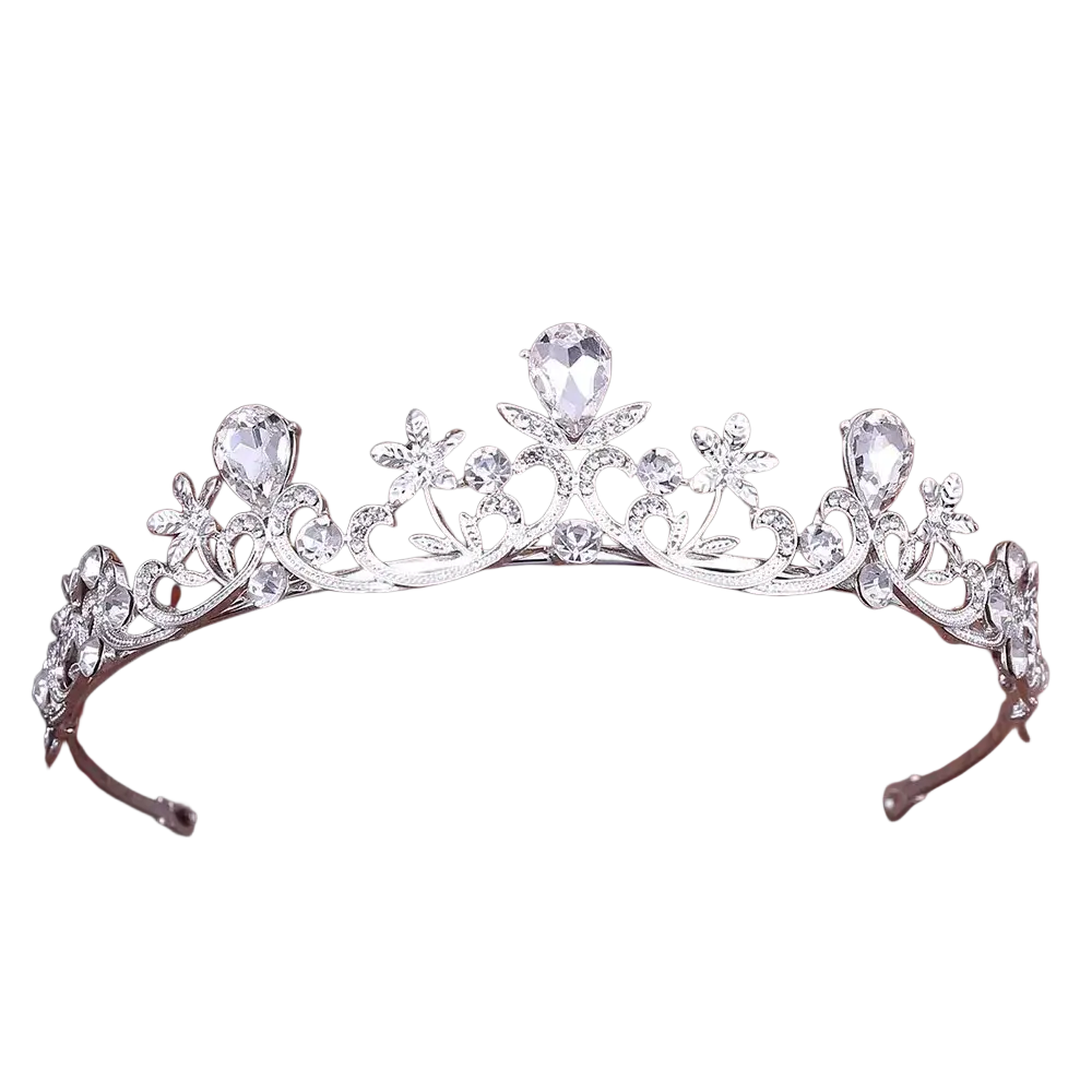 Silver crystal bridal tiara with floral designs featuring clear crystals for elegant wedding headwear
