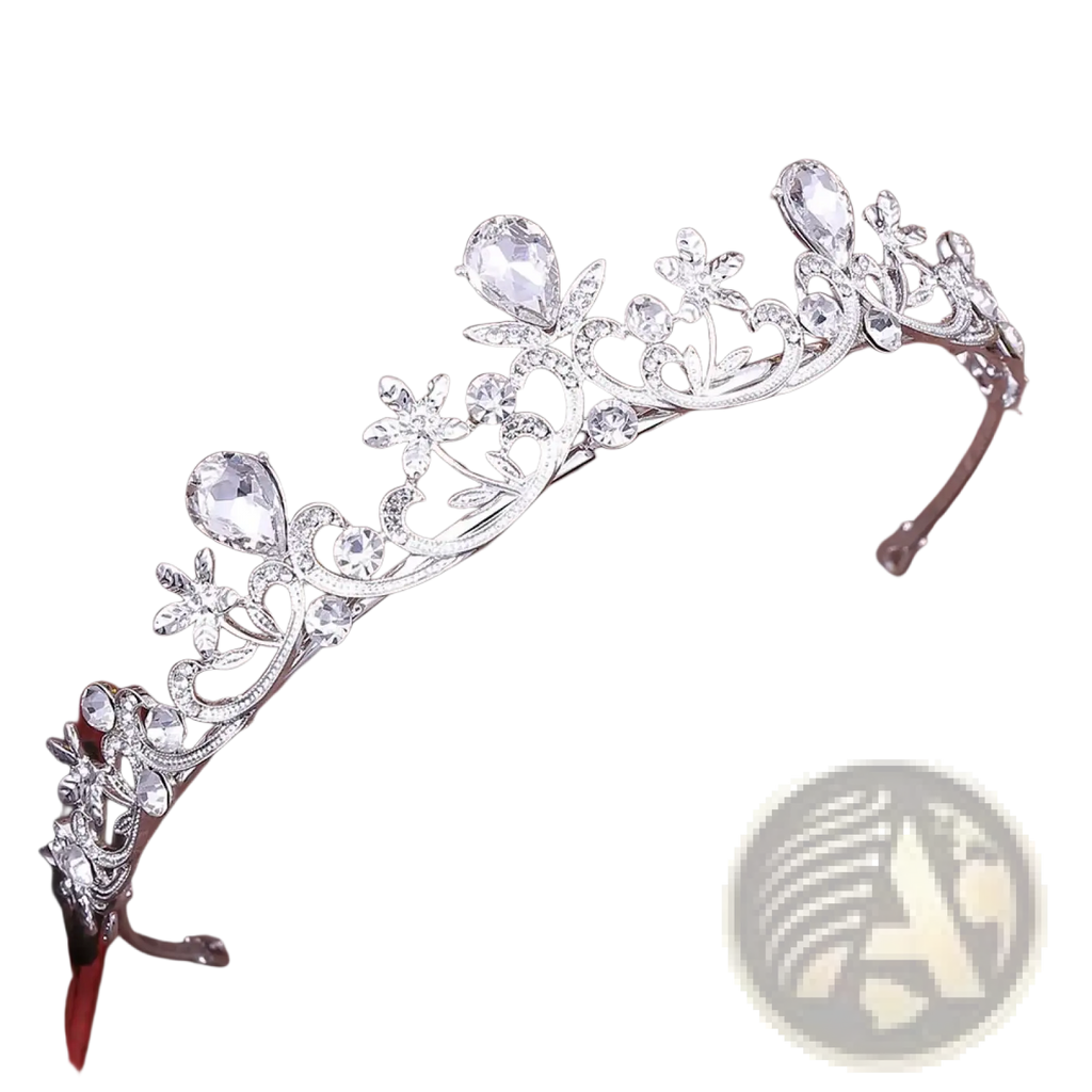 Silver floral bridal tiara with clear crystals and teardrop stones for wedding headband accessory