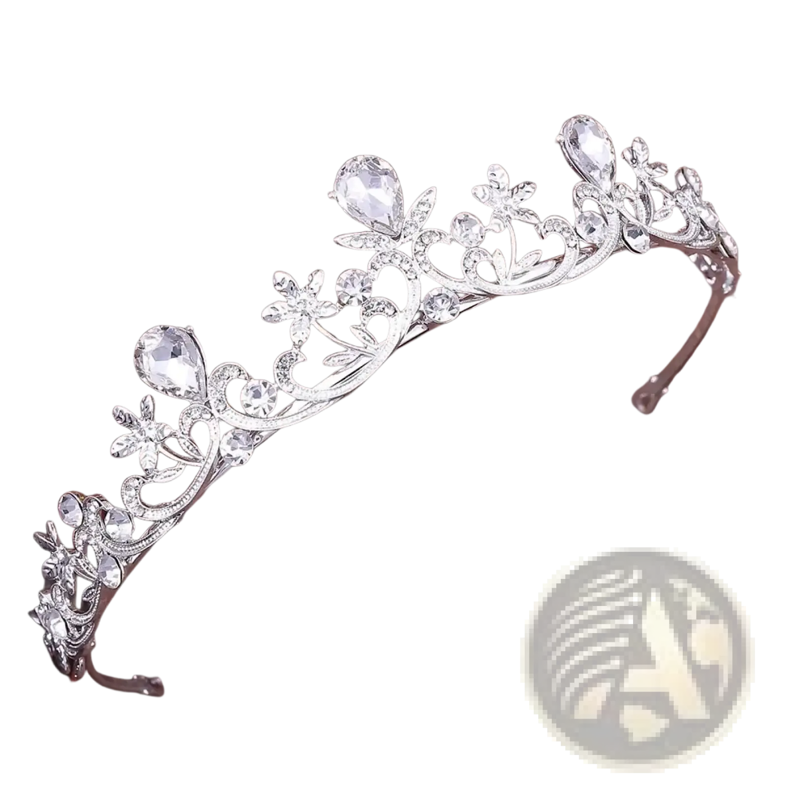 Silver floral crystal bridal tiara adorned with clear teardrop and round crystals for wedding headband use