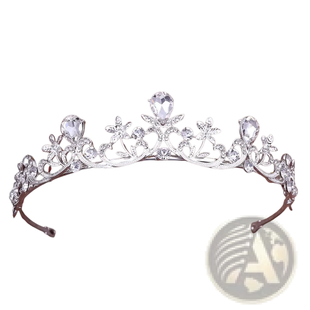 Silver crystal bridal tiara with floral designs featuring clear crystals for elegant wedding headwear
