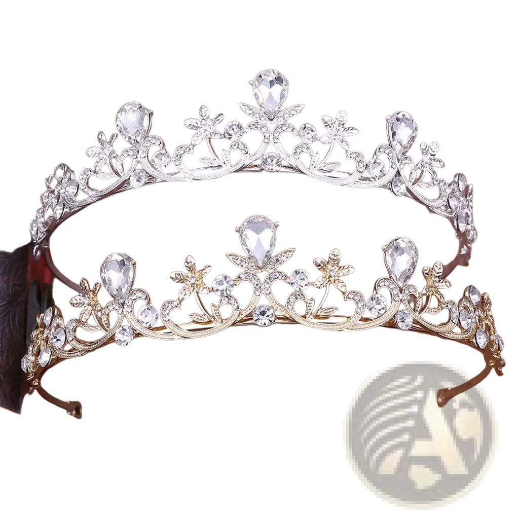 Two ornate silver and gold crystal bridal tiaras with floral and leaf designs for wedding headbands