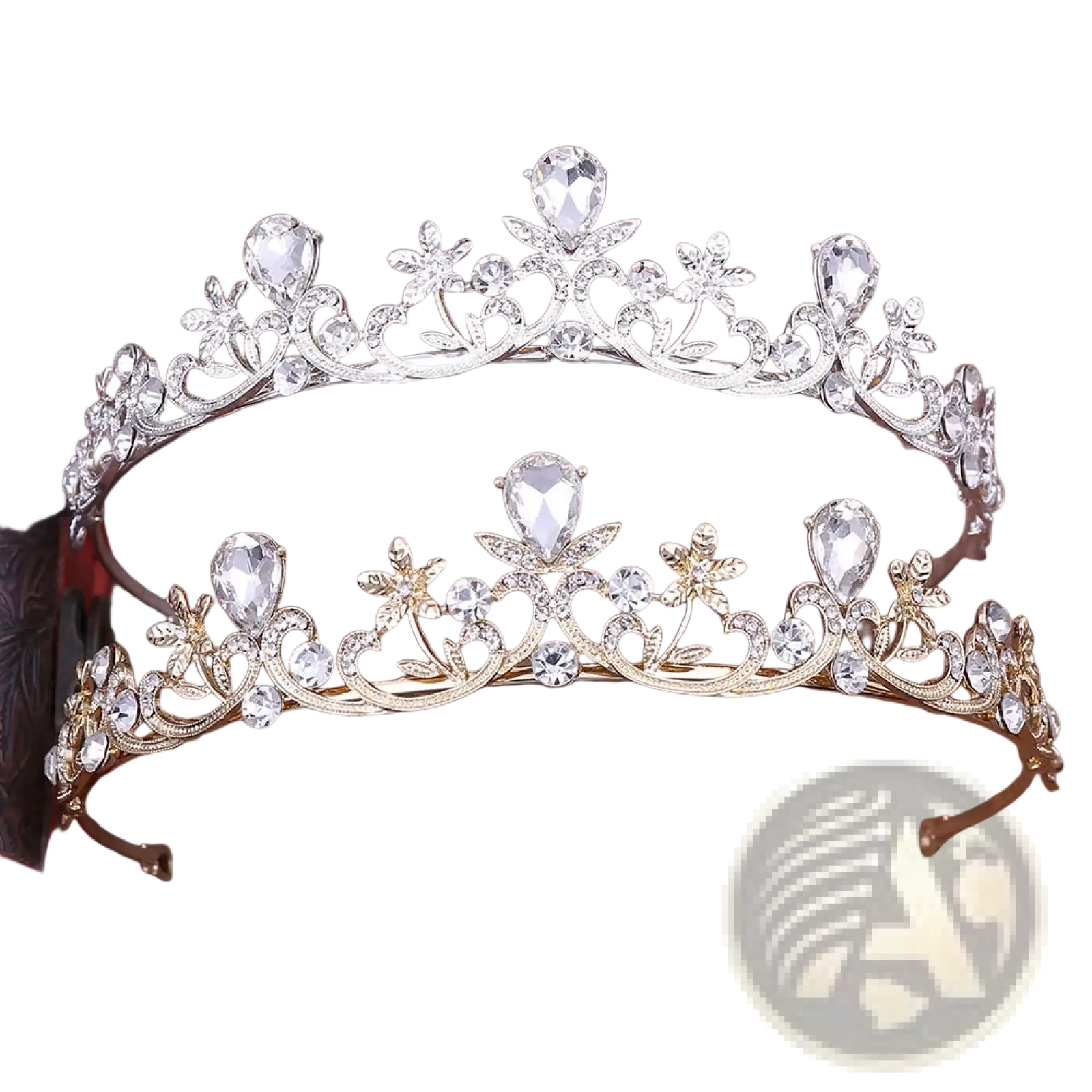 Two ornate silver and gold crystal bridal tiaras with floral and leaf designs for wedding headbands