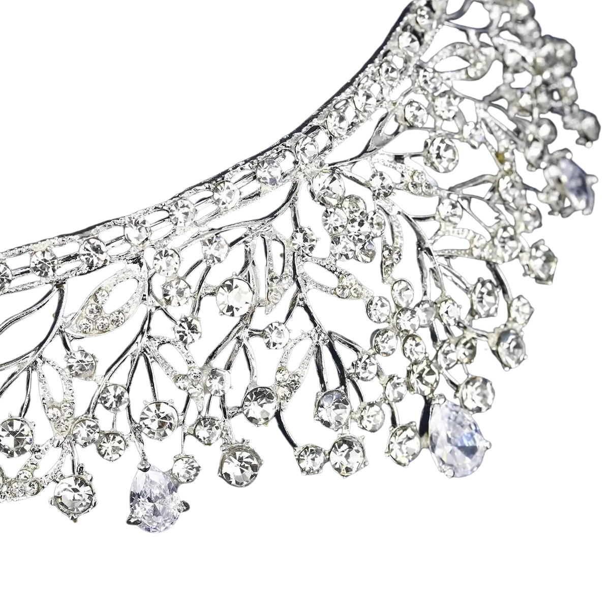 A sparkling silver crystal bridal tiara with intricate leaf and branch designs and cascading clear crystals