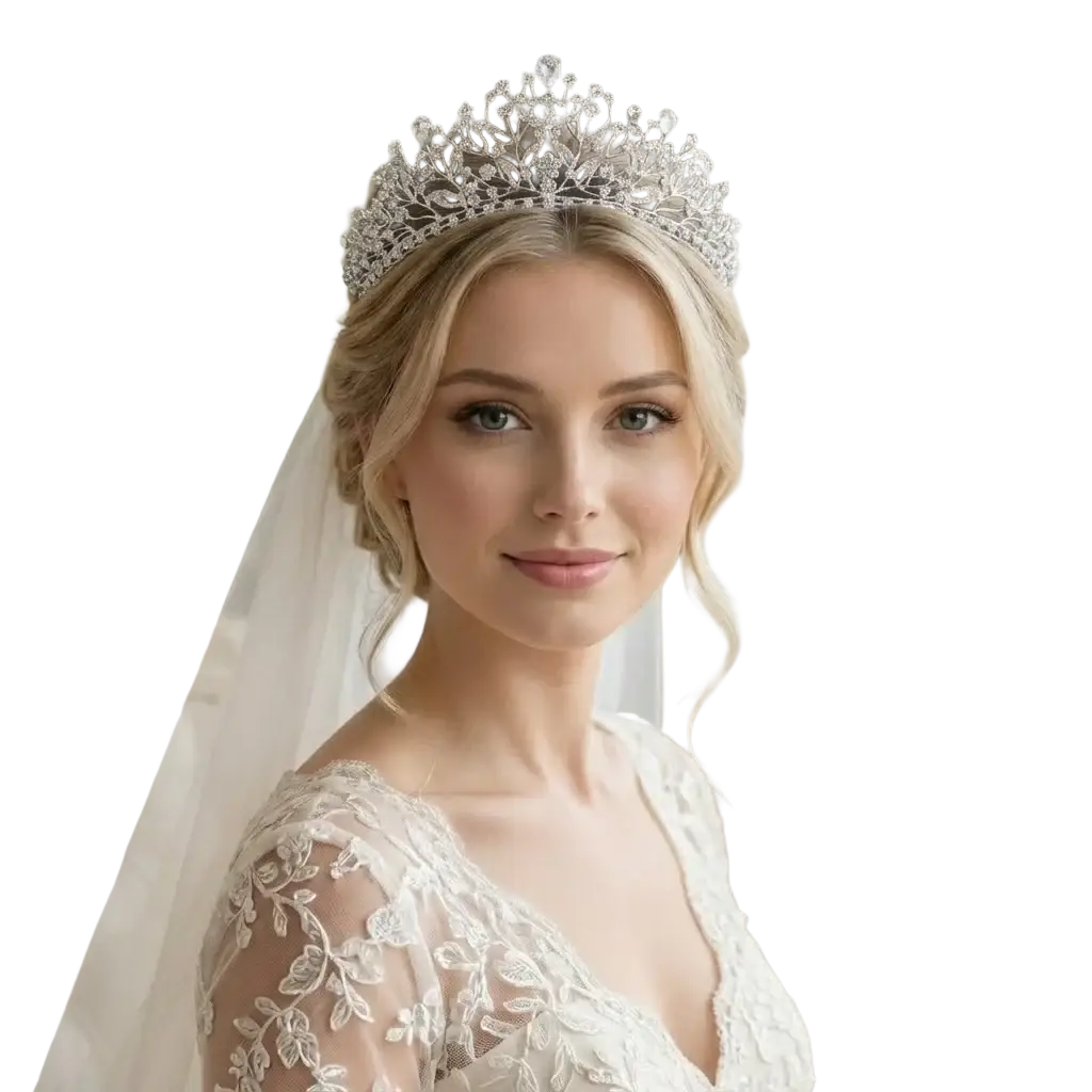 A sparkling silver crystal bridal tiara with intricate leaf-inspired crystal details for weddings