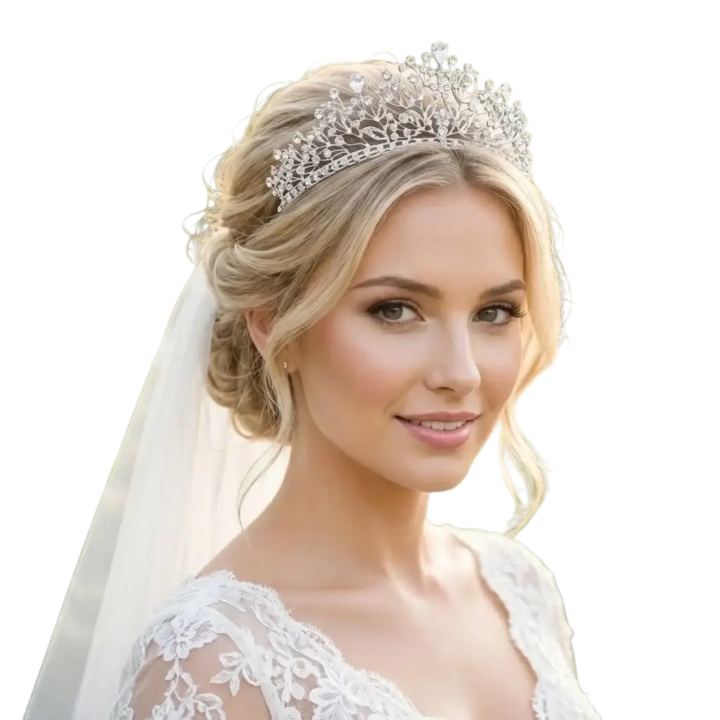A sparkling silver crystal bridal tiara with intricate filigree details for weddings and special occasions