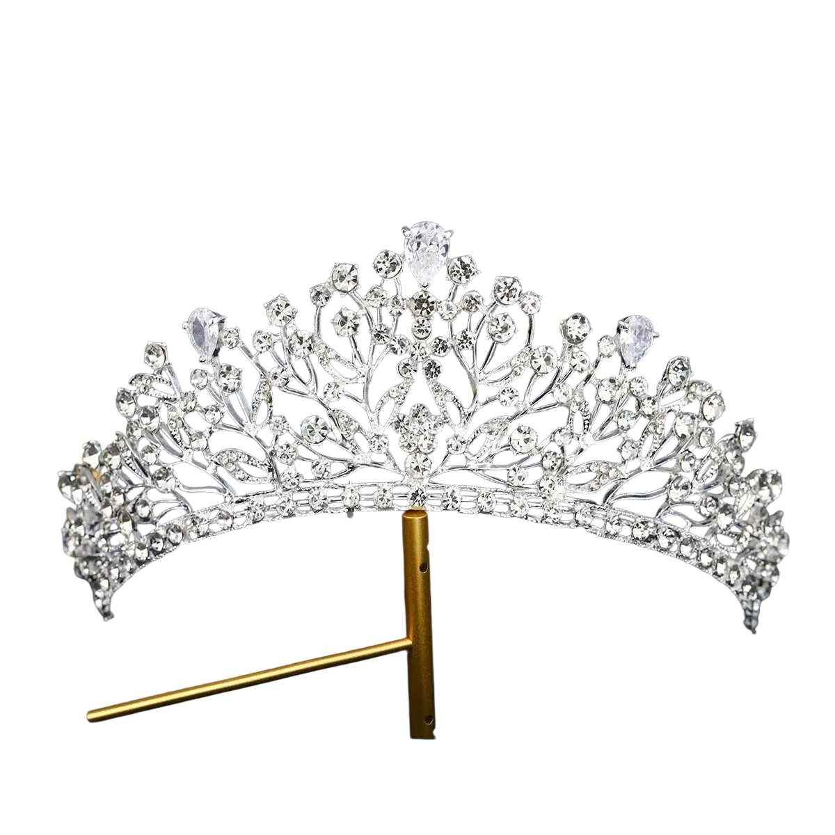 A sparkling silver crystal bridal tiara with intricate floral designs and pear-shaped clear crystals for weddings