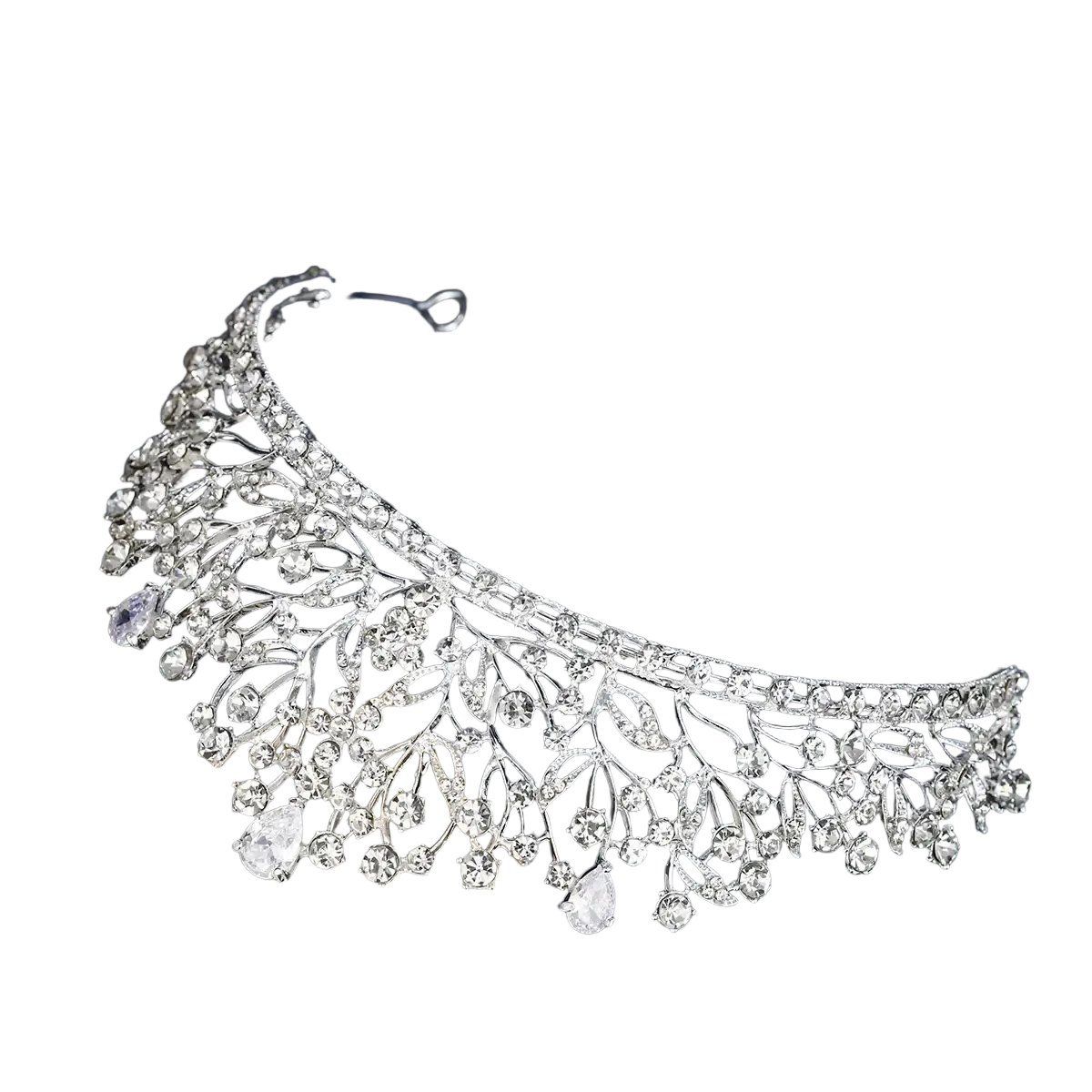 Silver crystal bridal tiara with intricate leaf and vine rhinestone design and dangling teardrop crystals