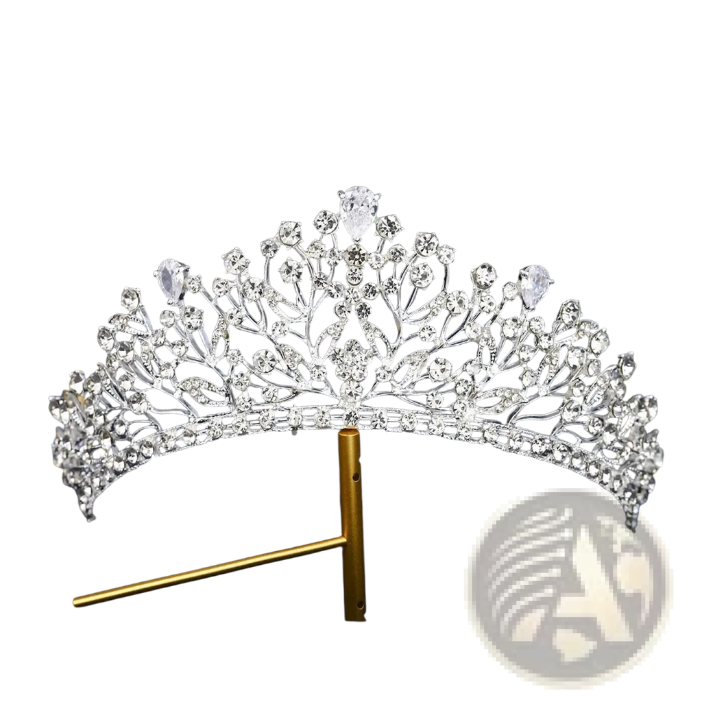 A sparkling silver crystal bridal tiara with intricate floral designs and pear-shaped clear crystals for weddings