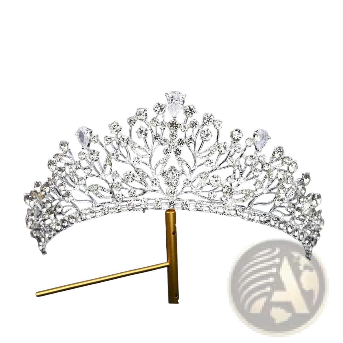 A sparkling silver crystal bridal tiara with intricate floral designs and pear-shaped clear crystals for weddings