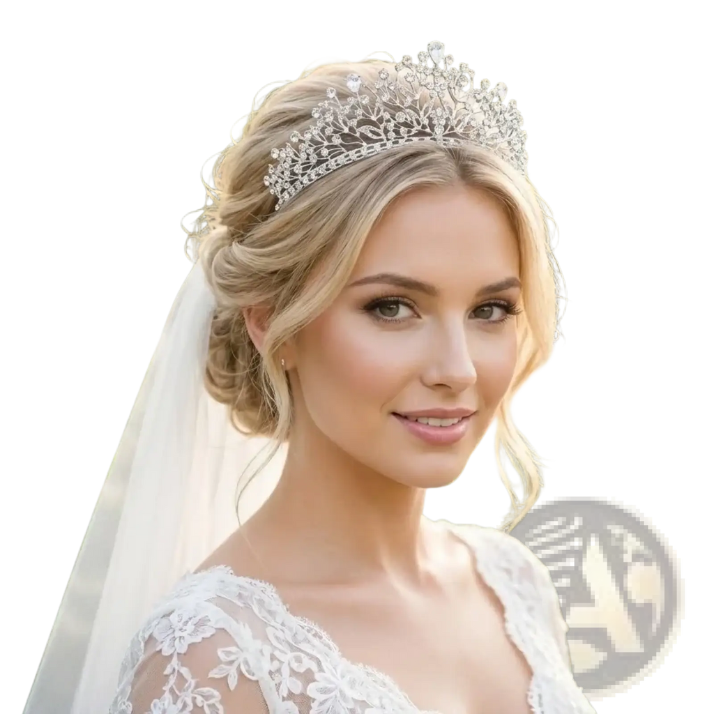 A sparkling silver crystal bridal tiara with intricate filigree details for weddings and special occasions