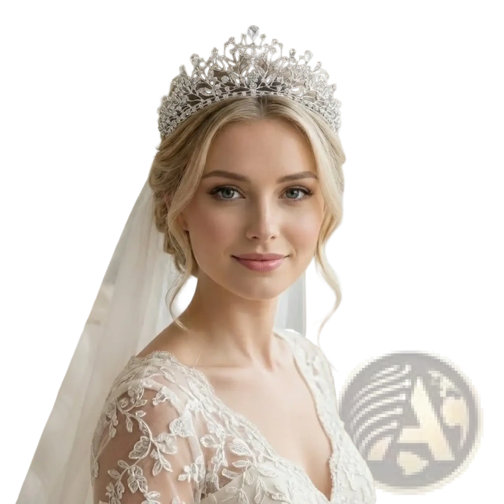 A sparkling silver crystal bridal tiara with intricate leaf-inspired crystal details for weddings
