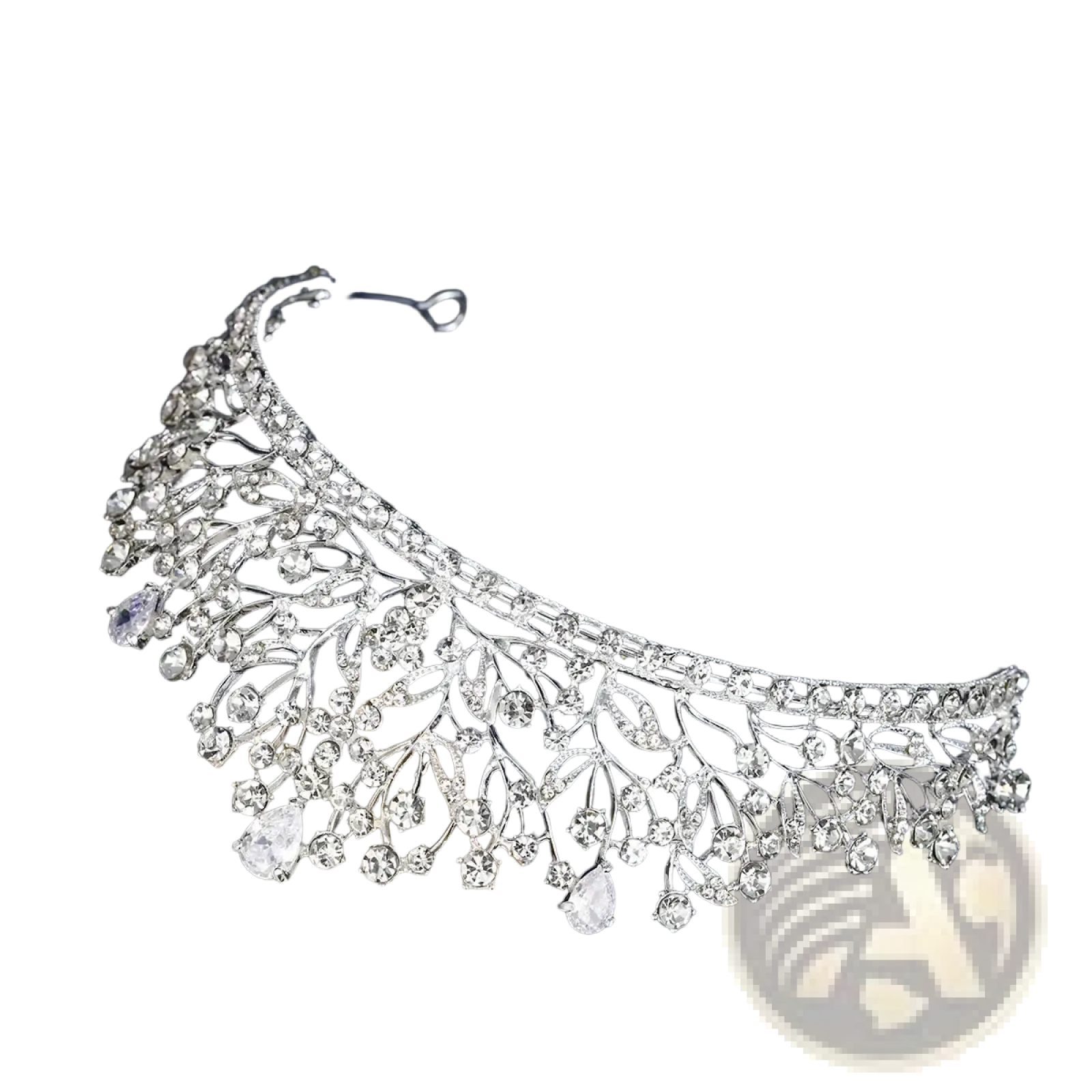 Silver crystal bridal tiara with intricate leaf and vine rhinestone design and dangling teardrop crystals