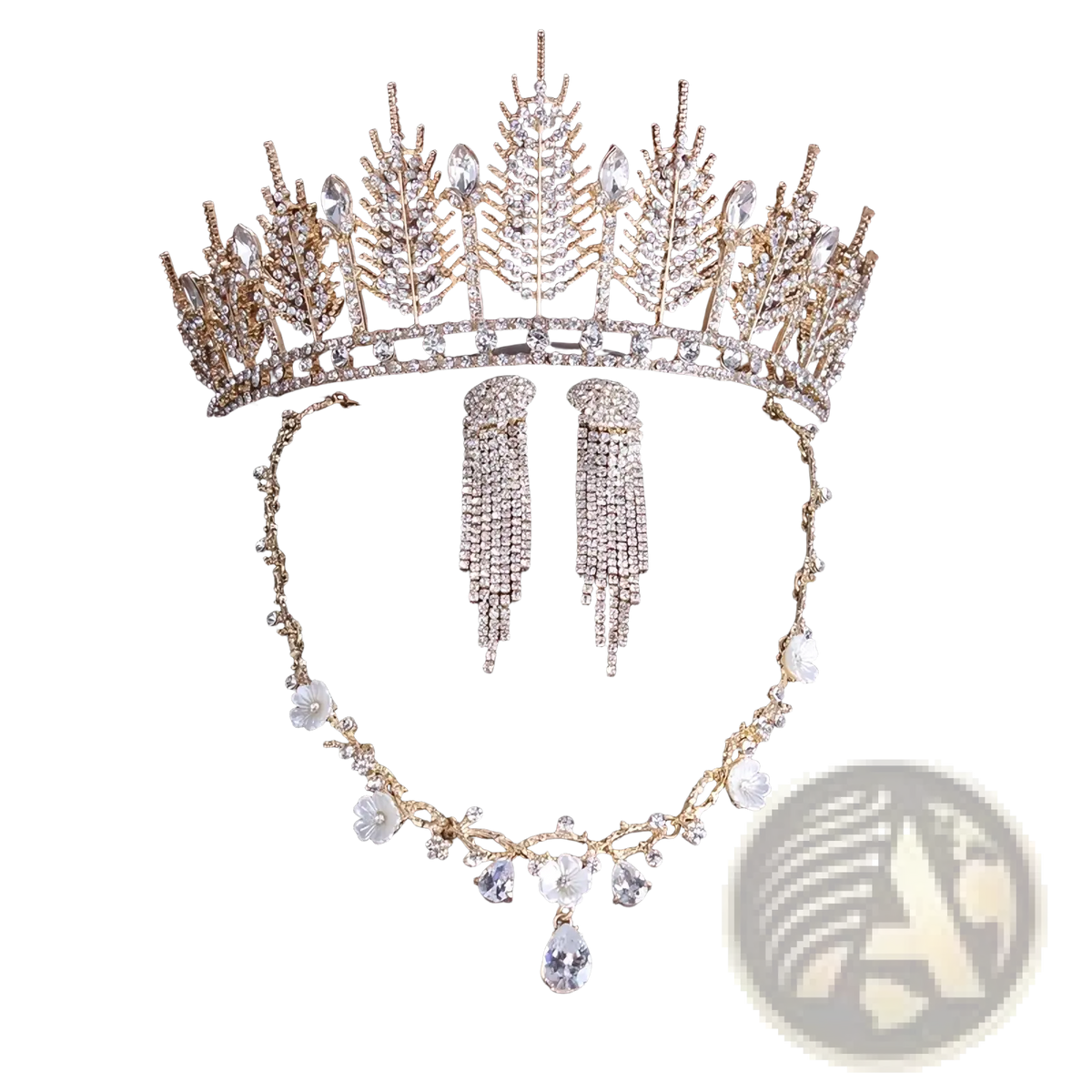 Gold-toned crystal bridal tiara with intricate leaf designs and sparkling clear crystals for wedding headpiece use