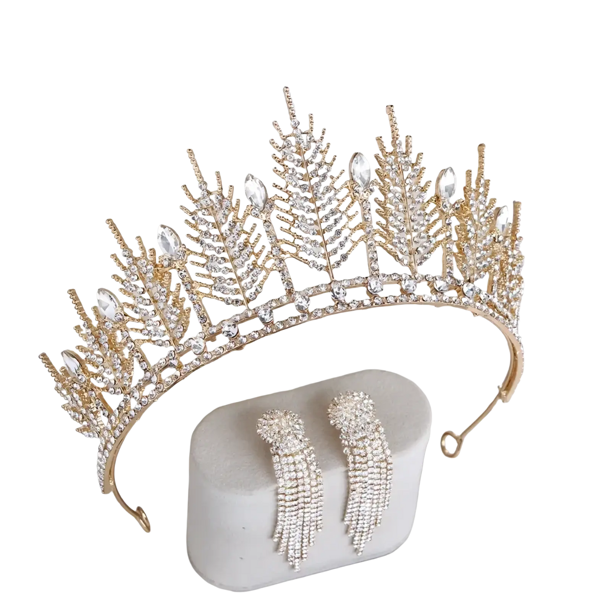 Gold crystal bridal tiara with clear crystals and leaf designs displayed with matching earrings in a white gift box
