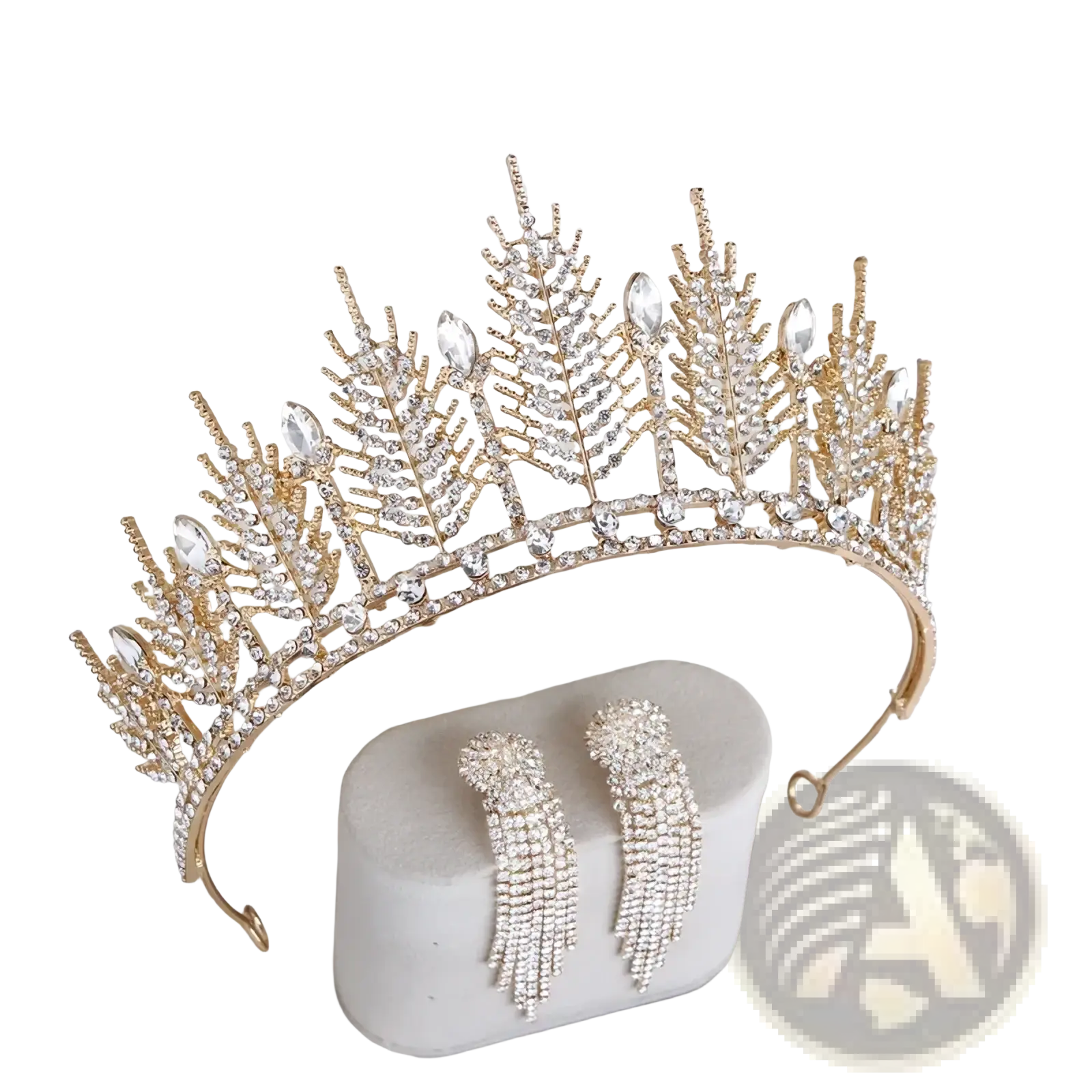 Gold crystal bridal tiara with clear crystals and leaf designs displayed in a white box with matching earrings