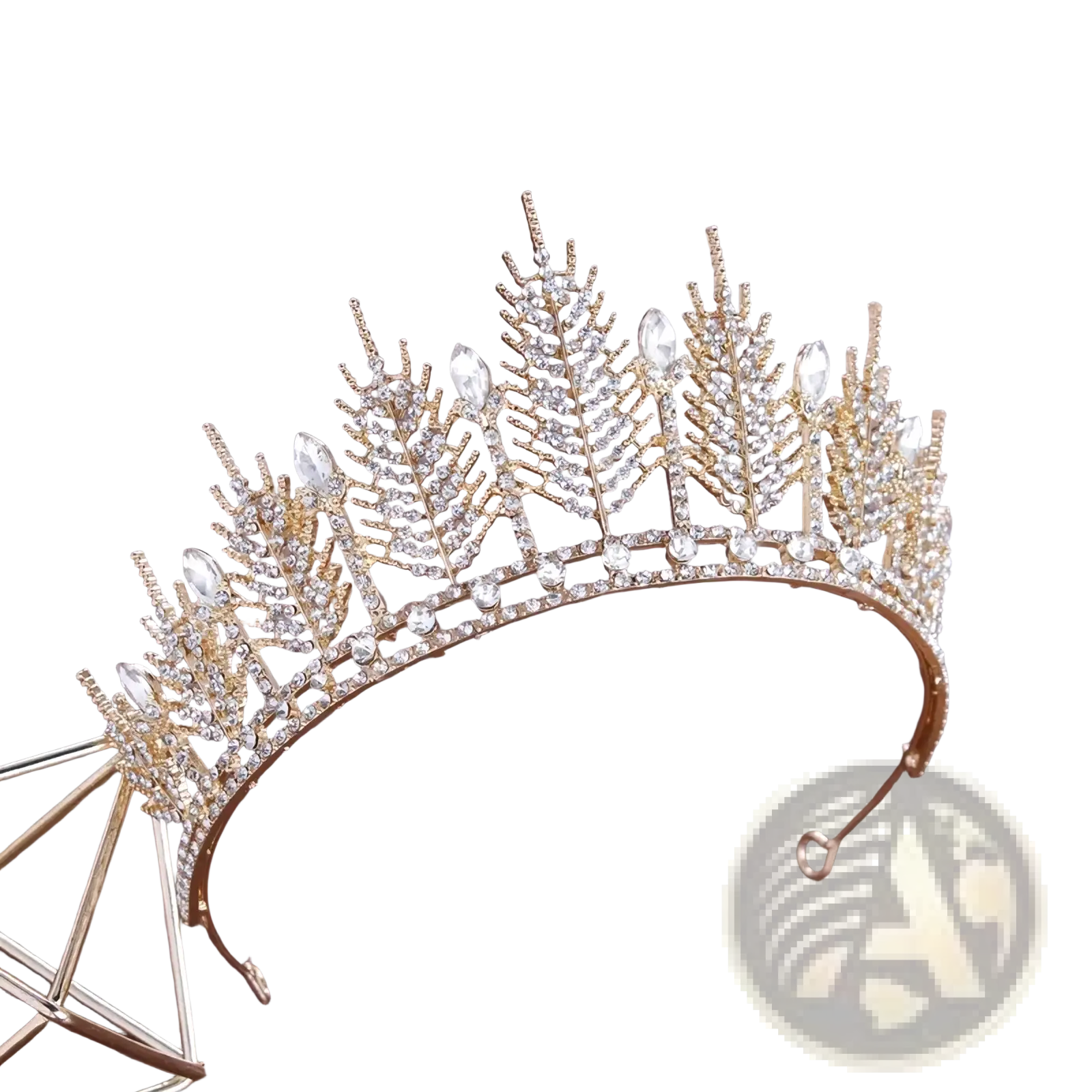 Gold-colored crystal bridal tiara with intricate leaf designs and sparkling clear crystals wedding crown headpiece
