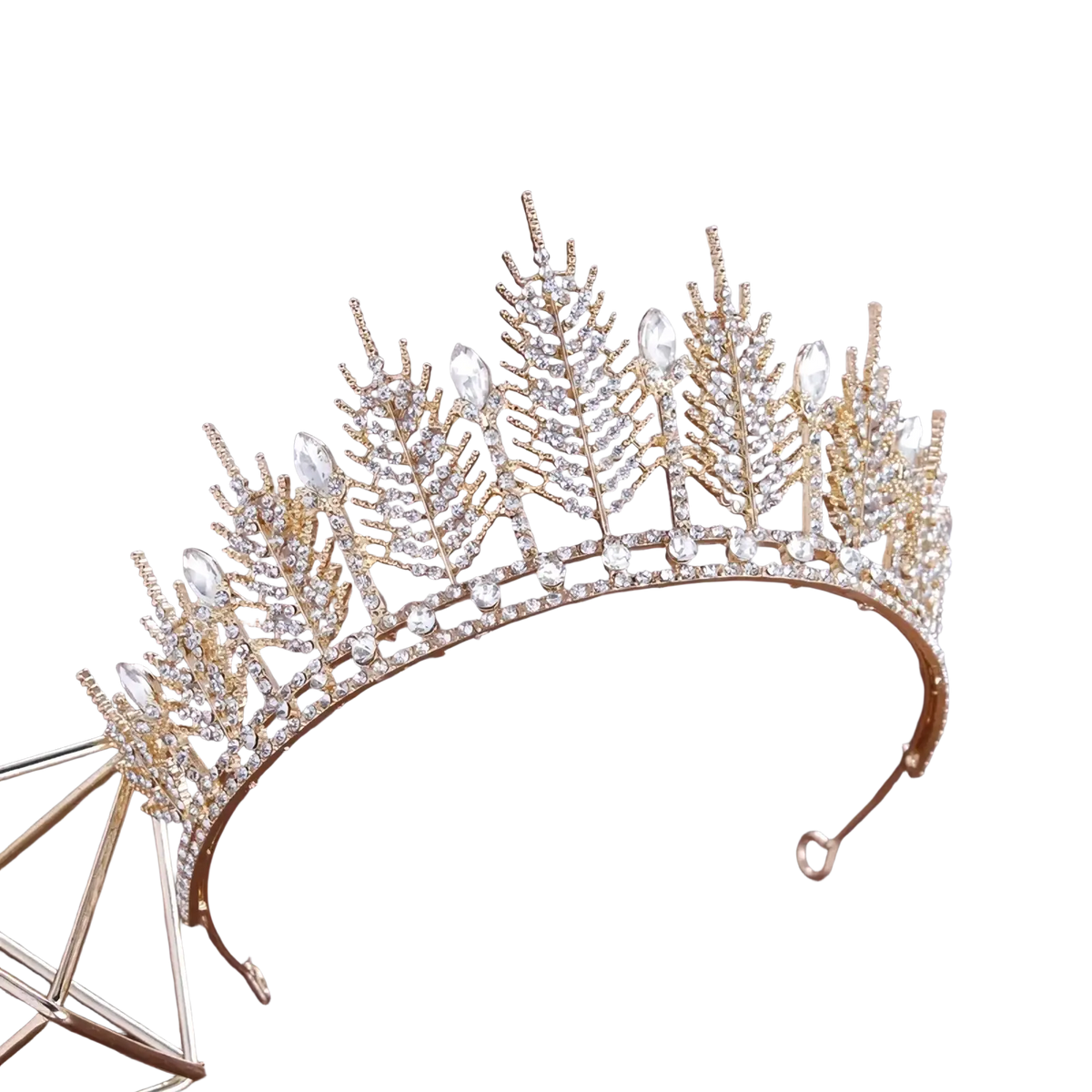 Gold-colored crystal bridal tiara with intricate leaf designs and sparkling clear crystals for wedding headpiece