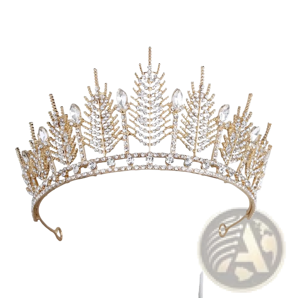 Crystal bridal tiara gold-toned with intricate leaf designs and sparkling clear crystals wedding crown headpiece
