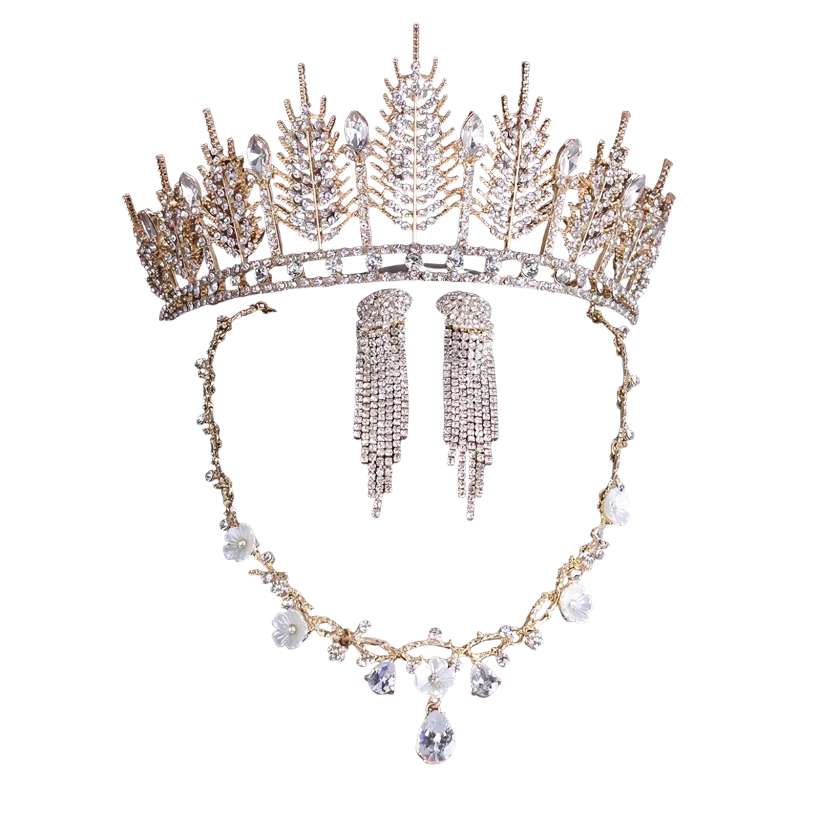 Gold-toned crystal bridal tiara with intricate leaf designs and sparkling clear crystals for wedding headpiece use
