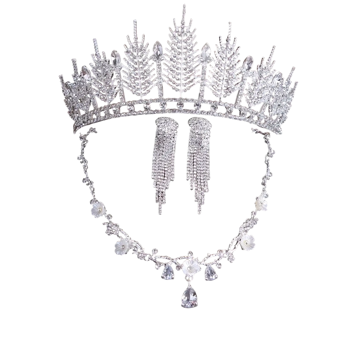 Silver crystal bridal tiara with intricate leaf designs and a sparkling crown structure for weddings and special occasions
