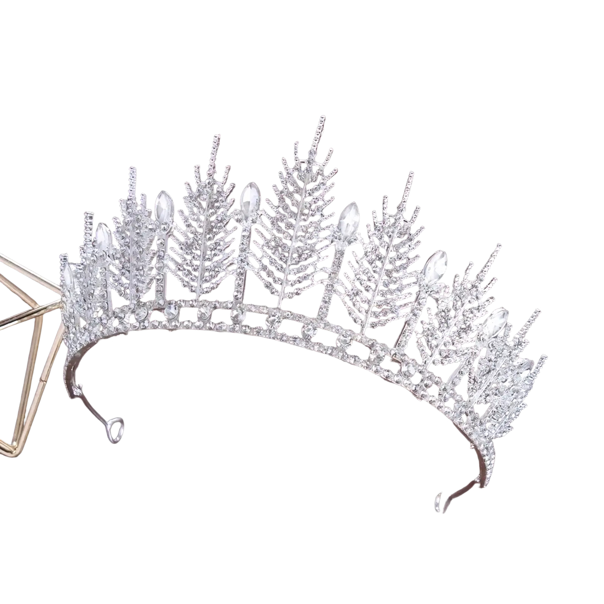 Silver crystal bridal tiara with intricate fern leaf designs and sparkling clear crystals wedding crown headpiece