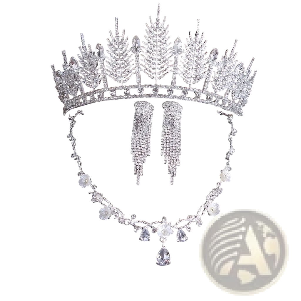 Silver crystal bridal tiara with intricate leaf designs and sparkling crown structure wedding headpiece