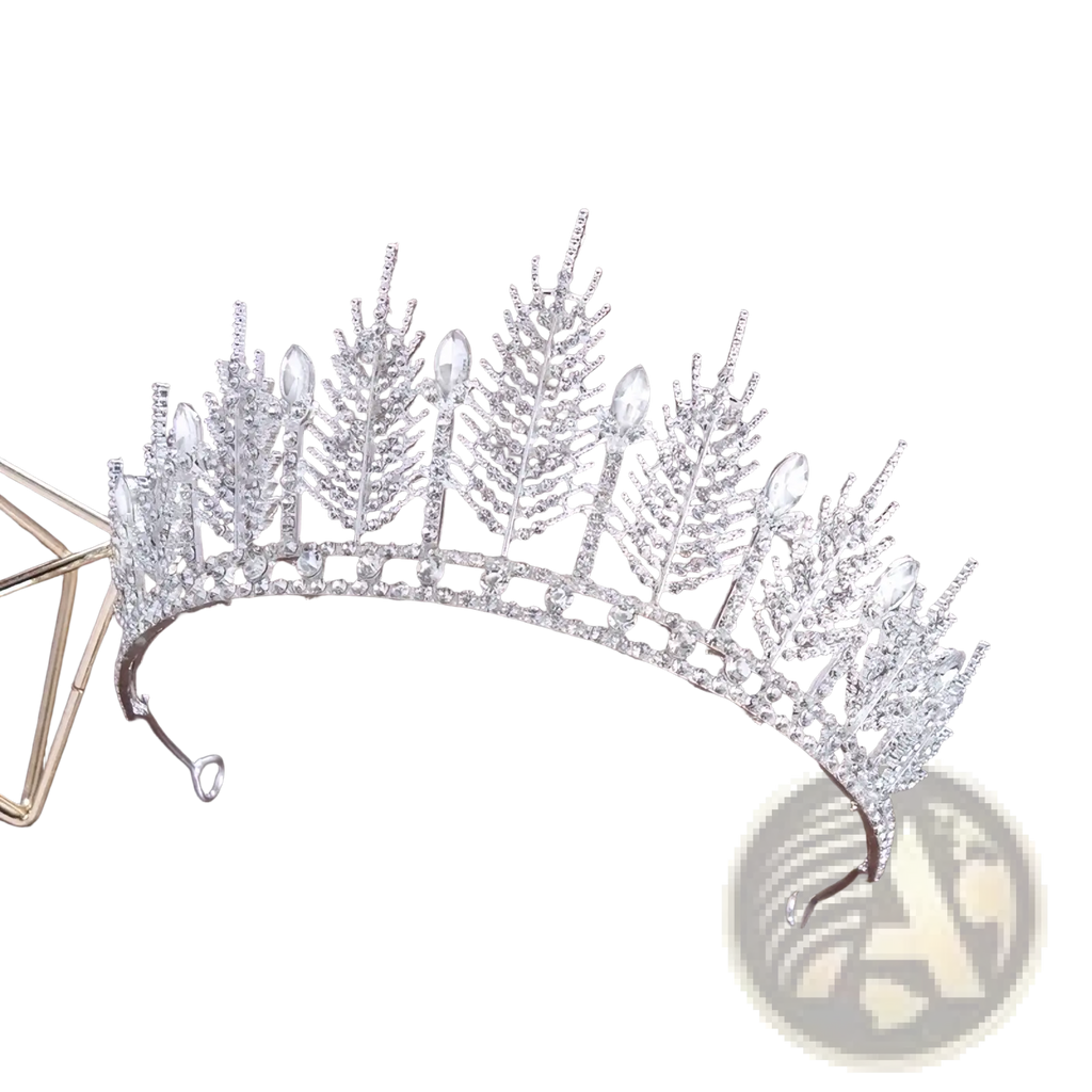 Silver crystal bridal tiara with intricate fern leaf designs and sparkling clear crystals wedding crown headpiece
