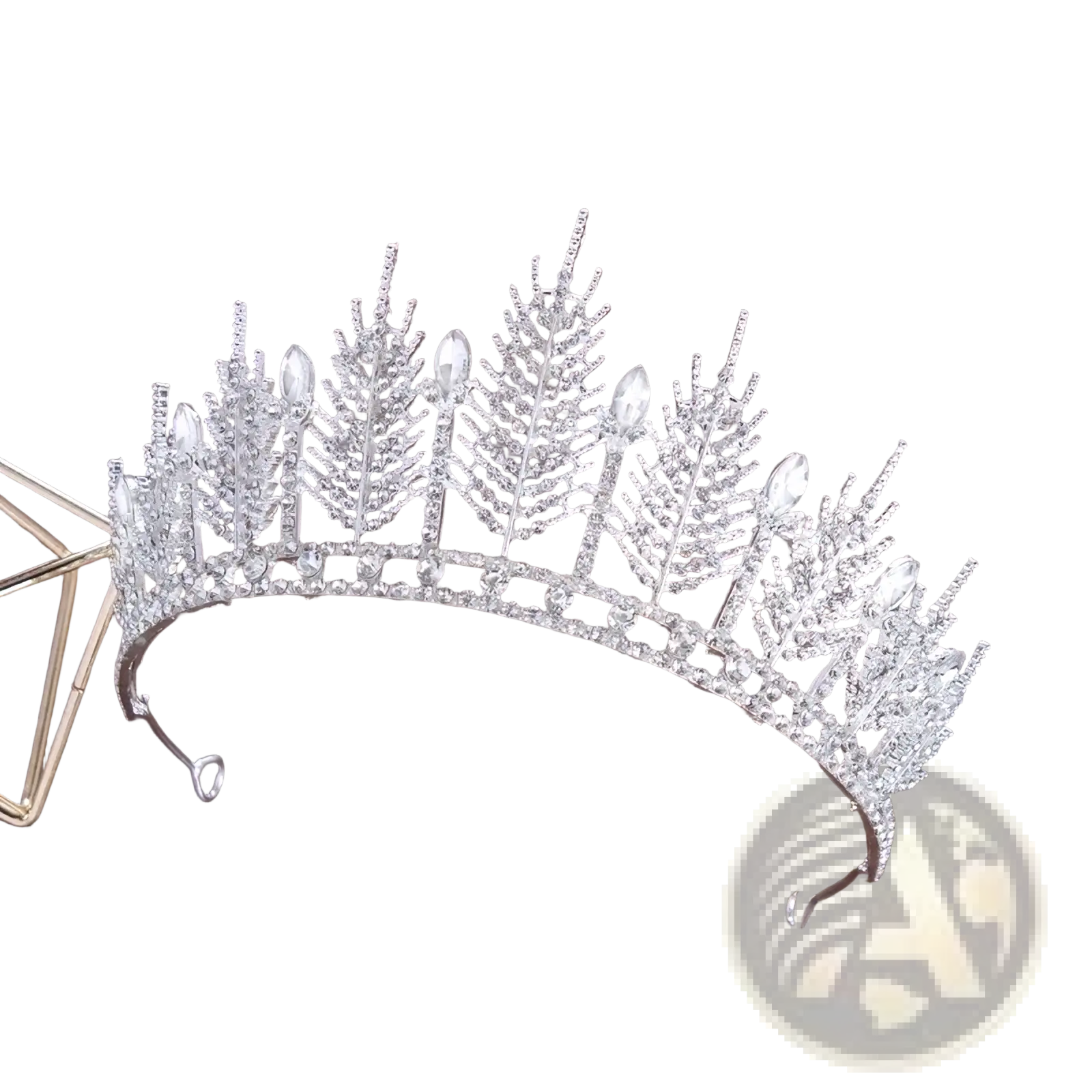 Silver crystal bridal tiara with intricate fern leaf designs and sparkling clear crystals wedding crown headpiece