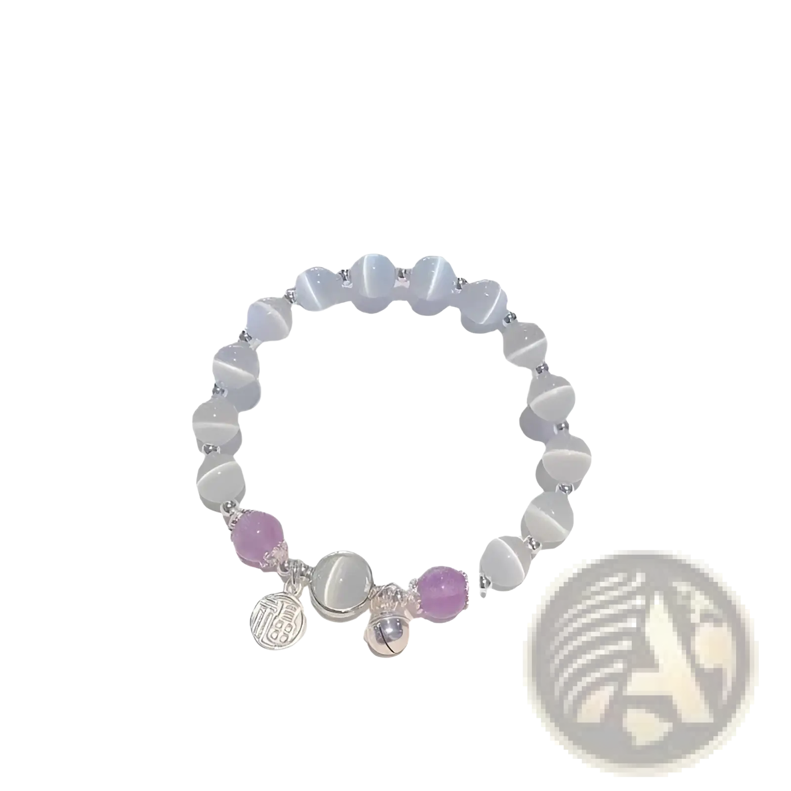 Crystal Butterfly cat’s eye bead bracelet featuring light gray beads with soft purple accents and silver-toned charms