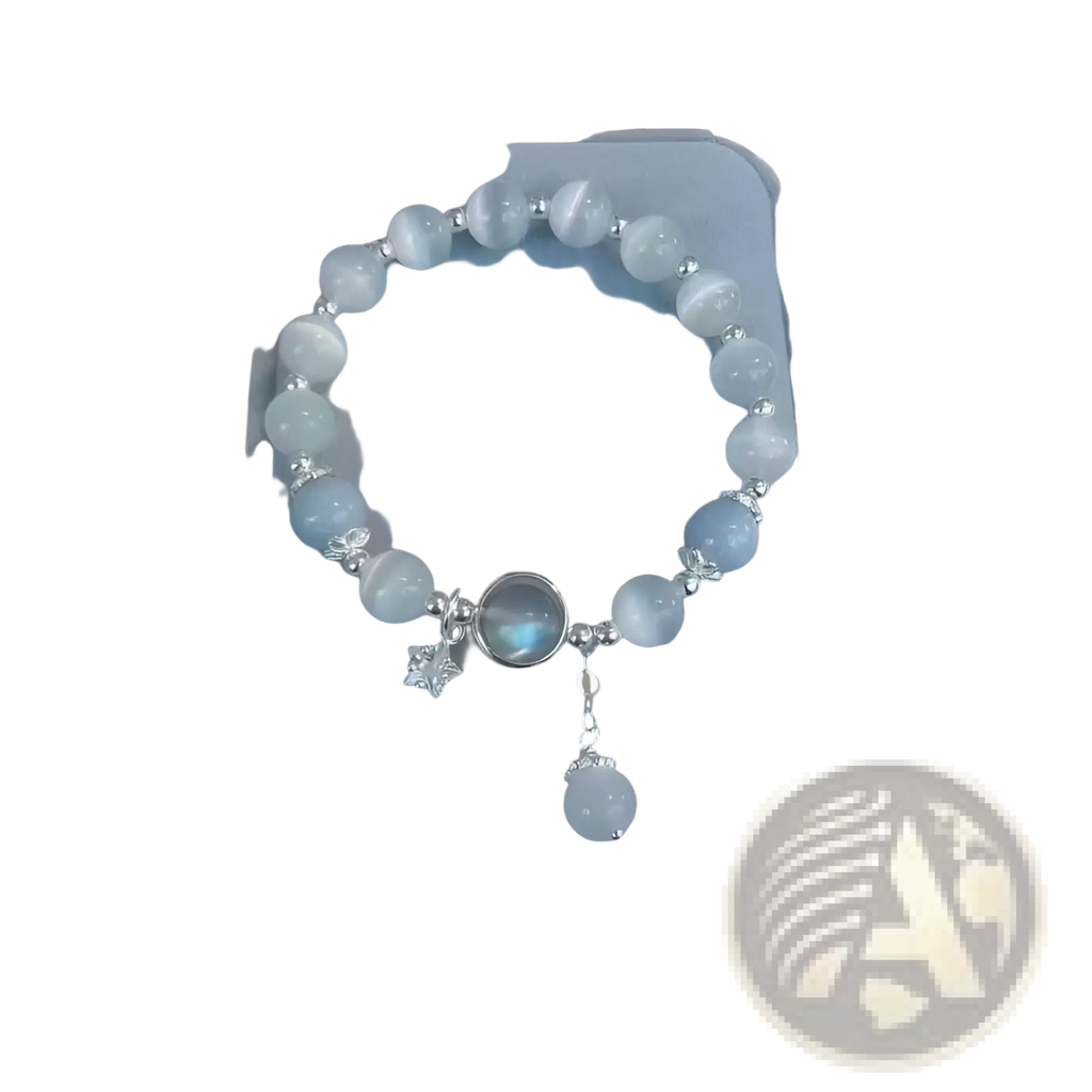 Crystal Butterfly cat’s eye bead bracelet with light blue stones silver accents moonstone charm and star pendant