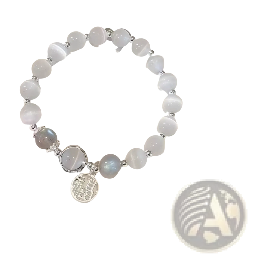 Crystal butterfly cat’s eye bead bracelet with translucent light gray beads silver spacers and engraved chinese charm