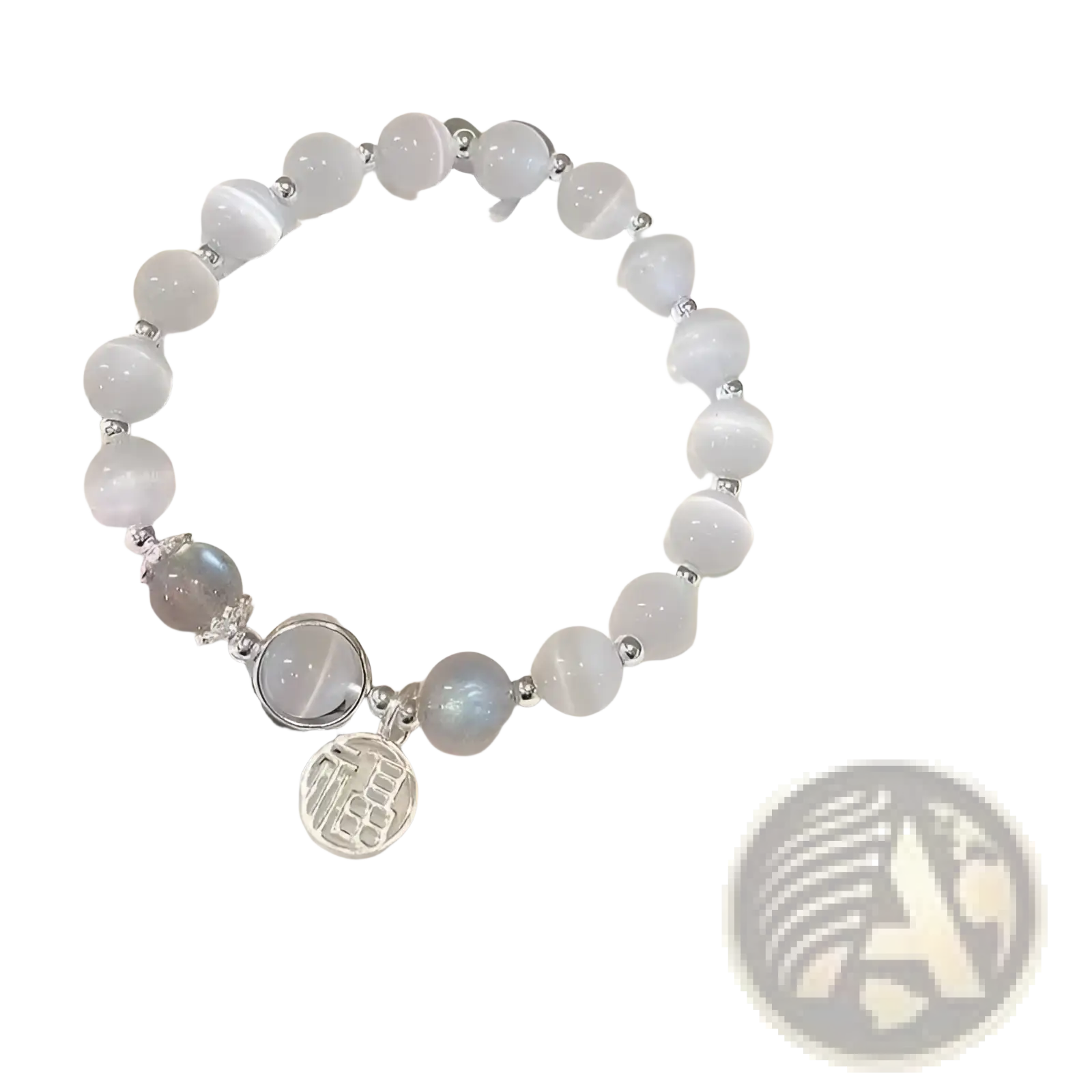 Crystal butterfly cat’s eye bead bracelet with translucent light gray beads silver spacers and engraved chinese charm