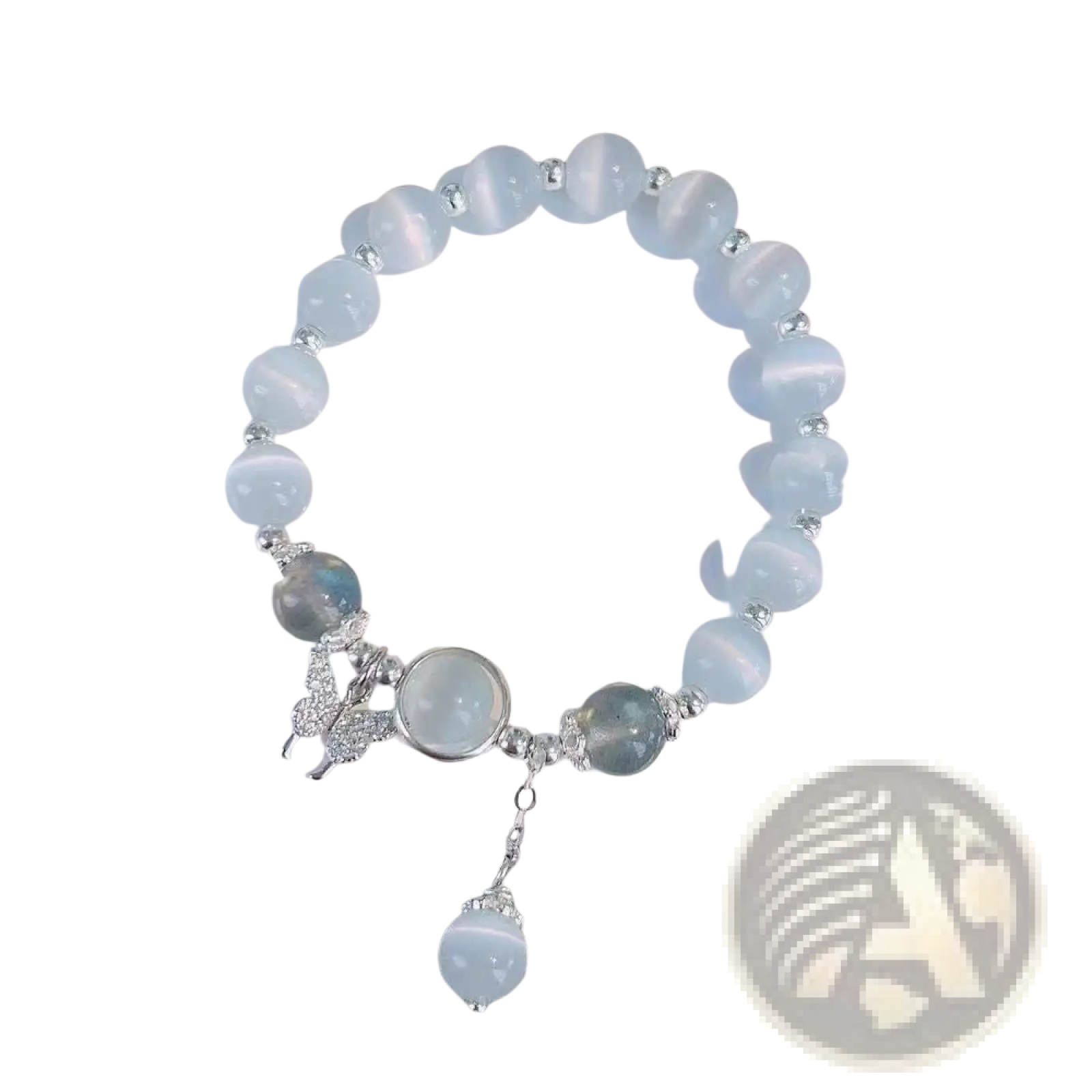 Crystal Butterfly cat’s eye bead bracelet featuring light blue stones with silver charms and a dangling pendant