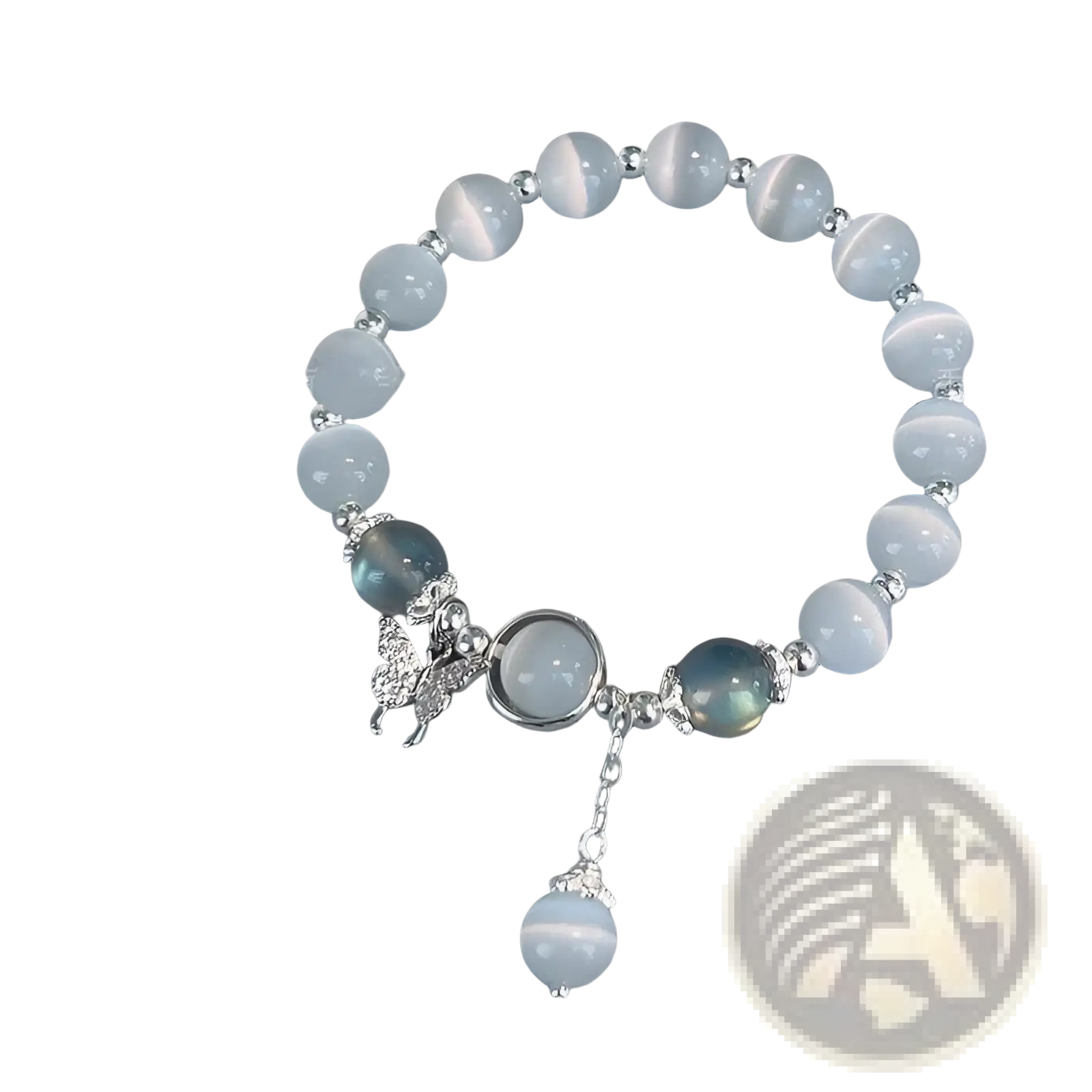 A delicate crystal butterfly cat’s eye bead bracelet with light blue stones silver accents and a butterfly charm