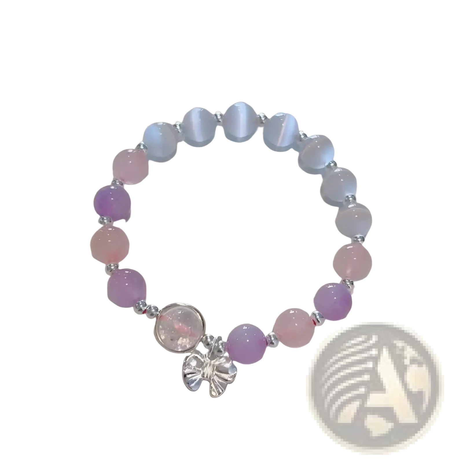 Pastel purple and pink crystal butterfly cats eye bead bracelet with silver butterfly charm elegant accessory