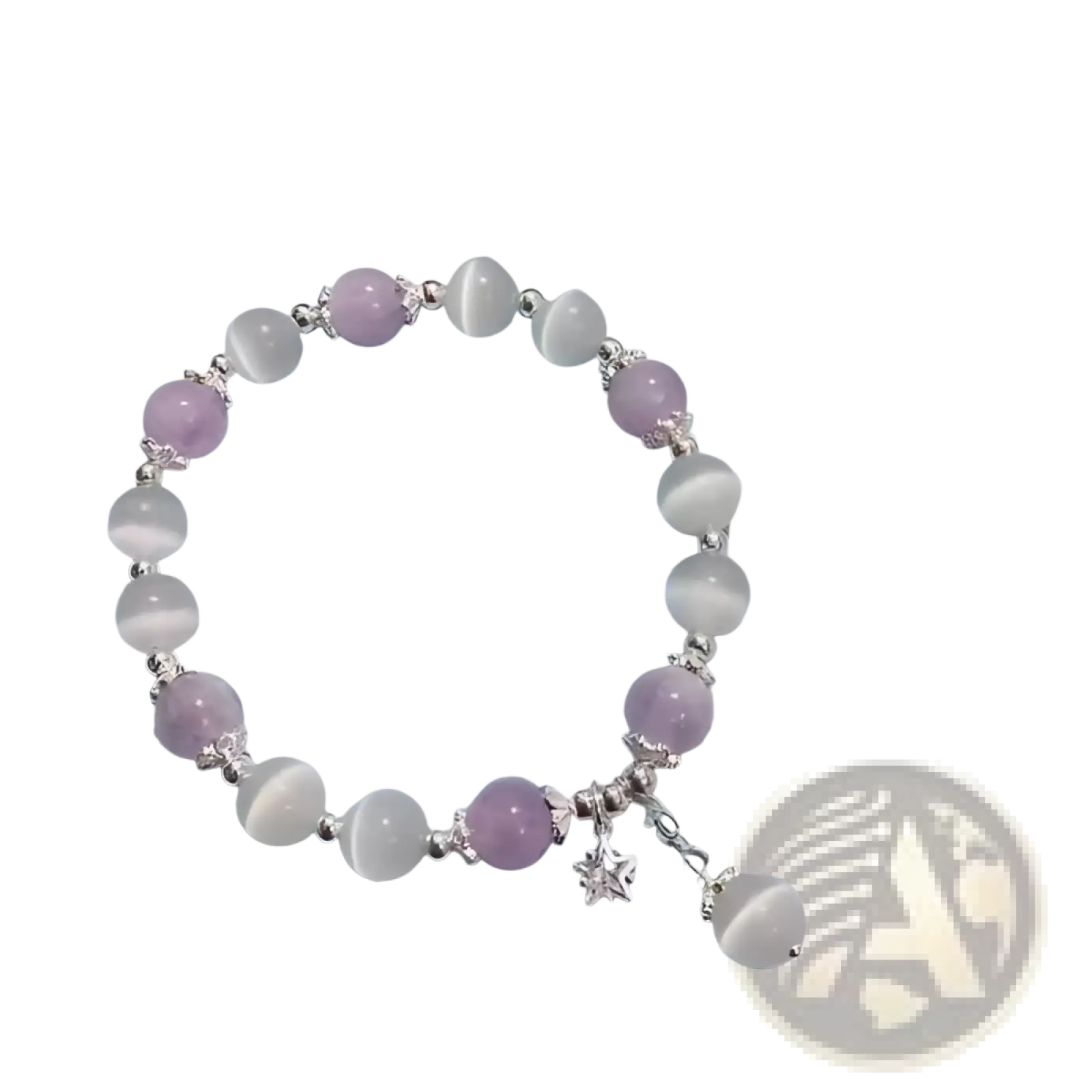 Crystal Butterfly cat’s eye bead bracelet with alternating lavender and white beads silver spacers and star charm