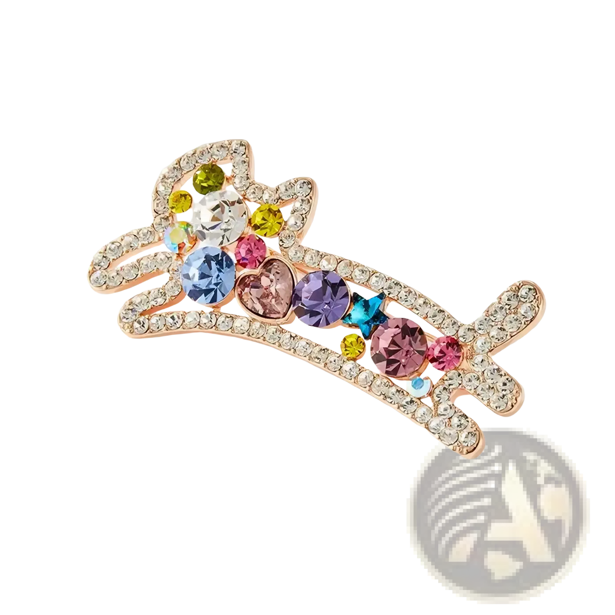 A sparkling rose gold claw clip adorned with multicolored rhinestones in heart star and round shapes