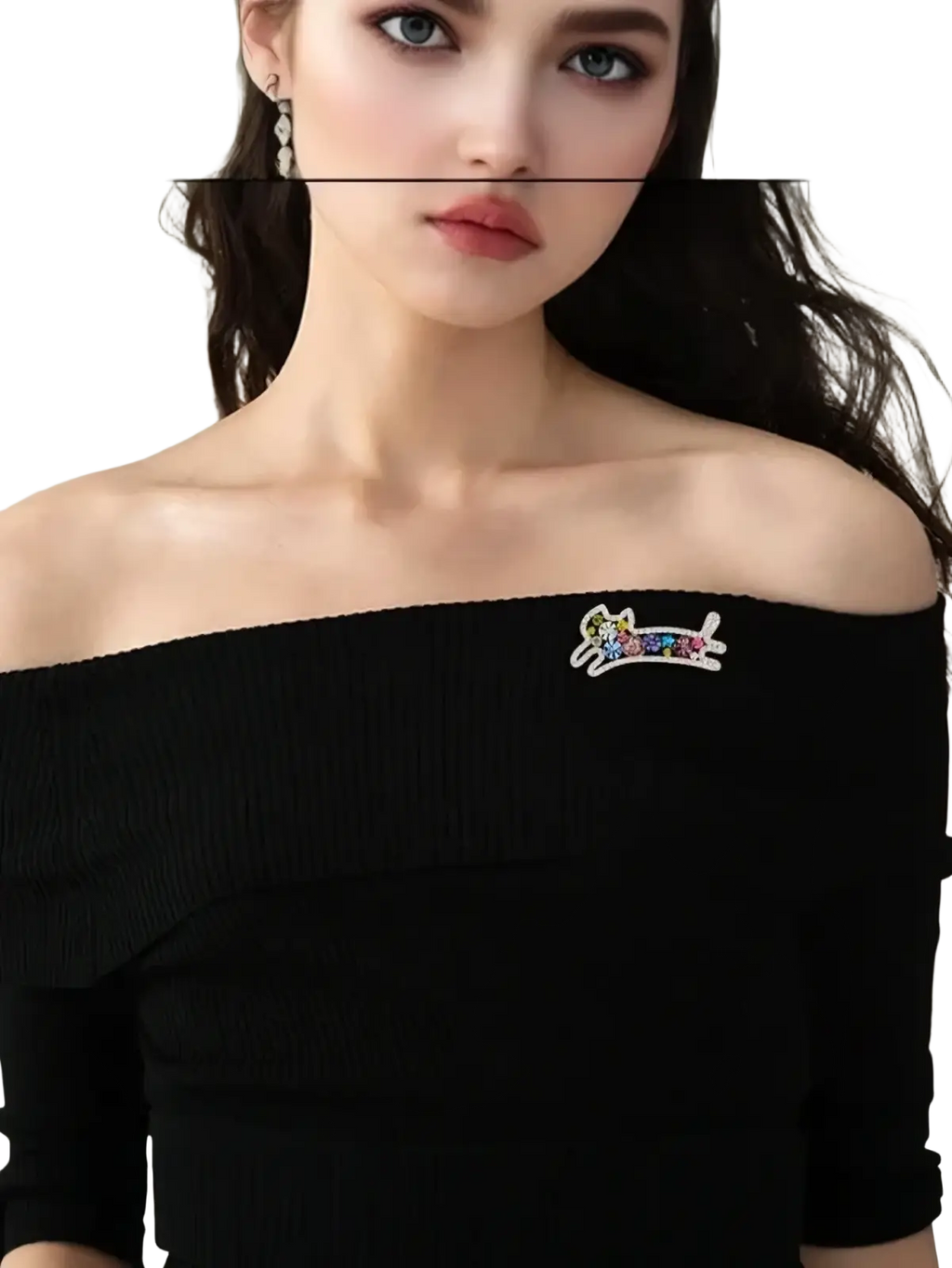 A colorful sparkling cartoon dog pin adorns a black ribbed off-the-shoulder top featuring rose gold rhinestones