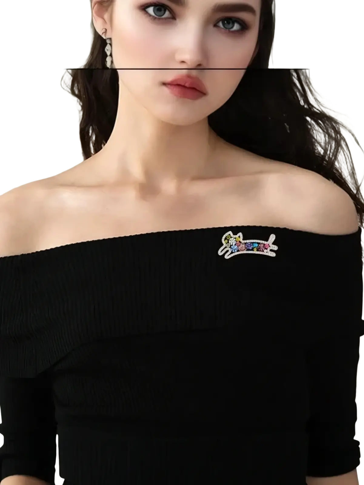 A colorful sparkling cartoon dog pin adorns a black ribbed off-the-shoulder top featuring rose gold rhinestones