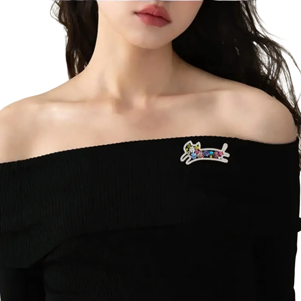 Crystal cat brooch rose gold rhinestone animal pin featuring a colorful sparkling cat shape with multicolored gemstones