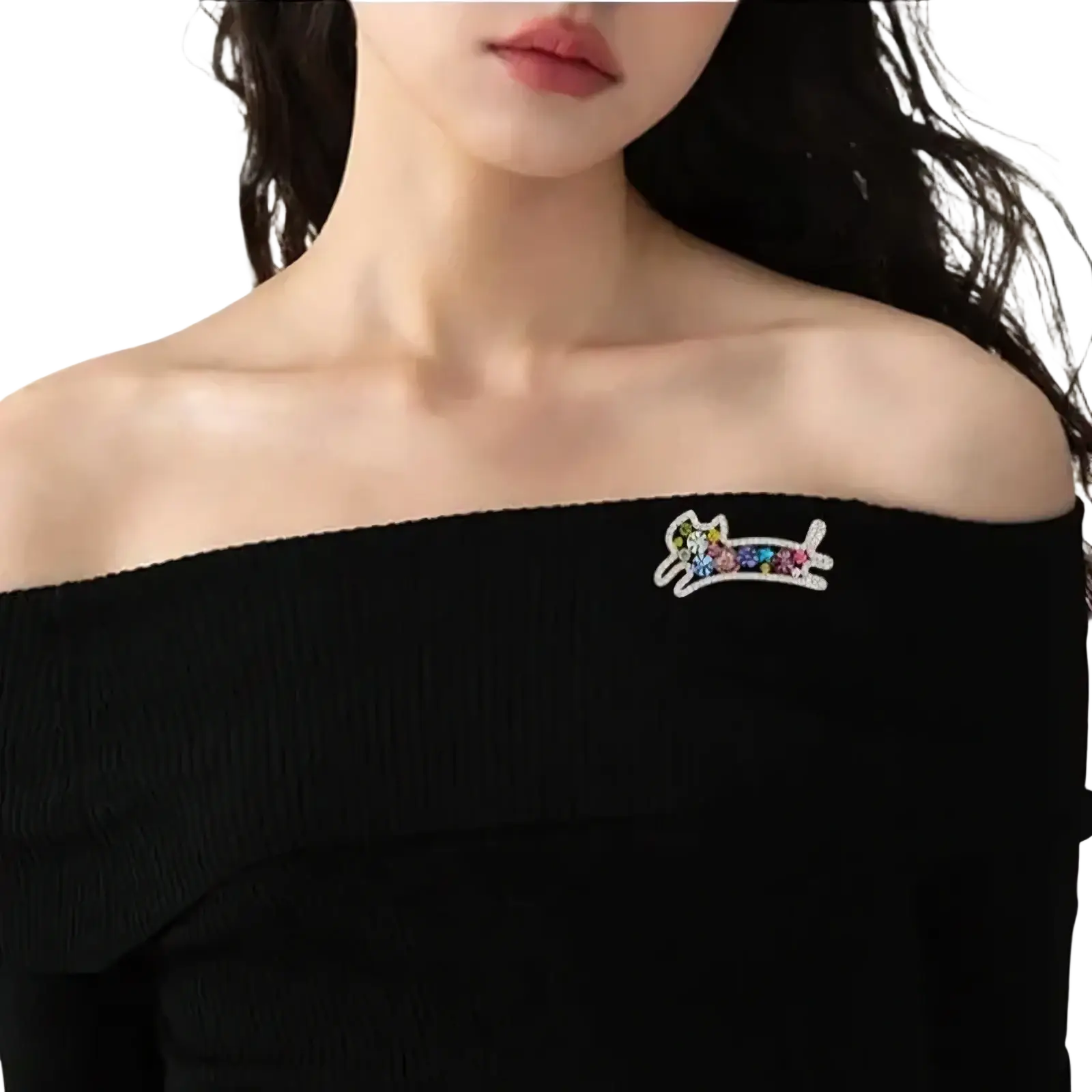 Colorful sparkling cat-shaped rose gold brooch with multicolored gemstones and silver outline rhinestone pin