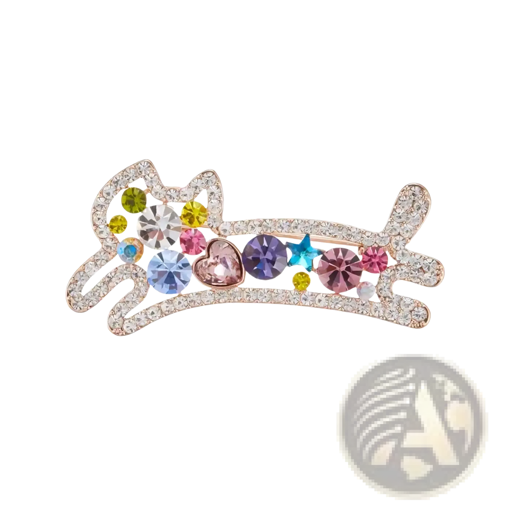 A sparkling rose gold cat-shaped brooch adorned with yellow pink blue purple and clear rhinestones