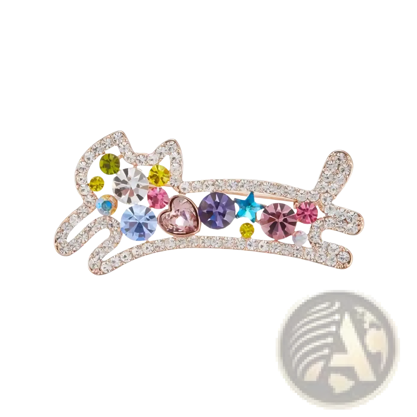 A sparkling rose gold cat-shaped brooch adorned with yellow pink blue purple and clear rhinestones