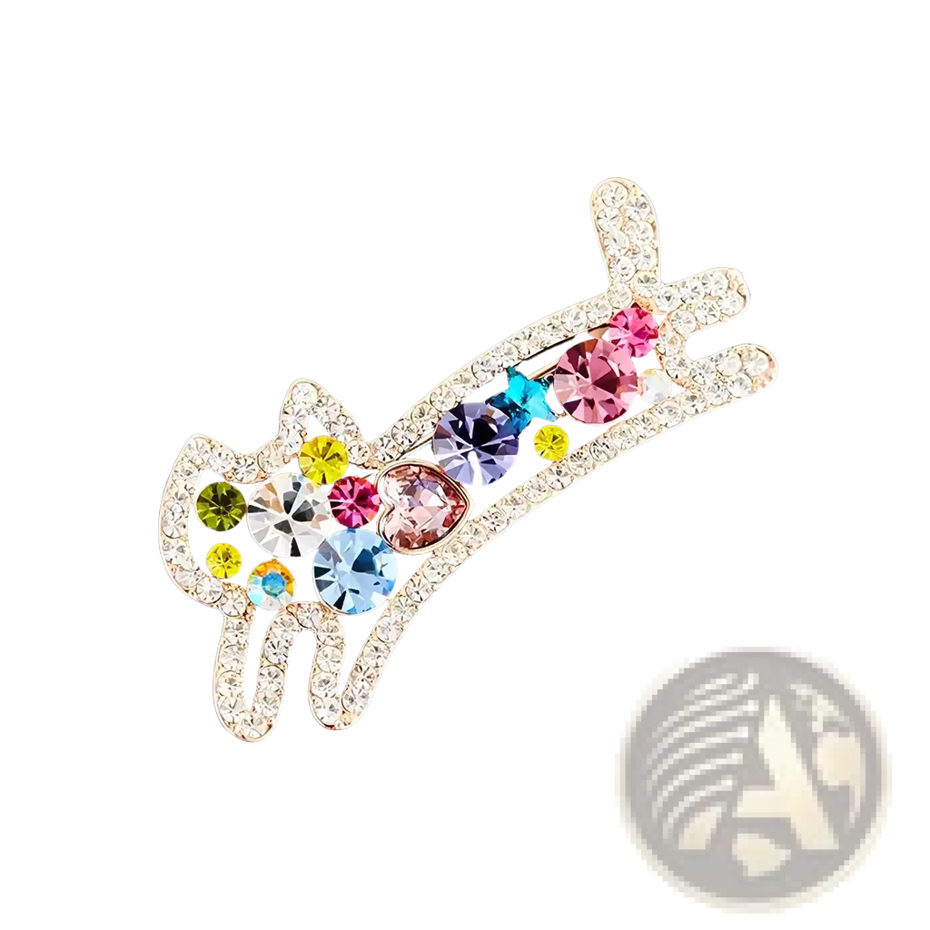 A gold-toned cat brooch adorned with multicolored rhinestones in various shapes and sizes rose gold pin