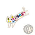 A gold-toned cat brooch adorned with multicolored rhinestones in various shapes and sizes rose gold pin
