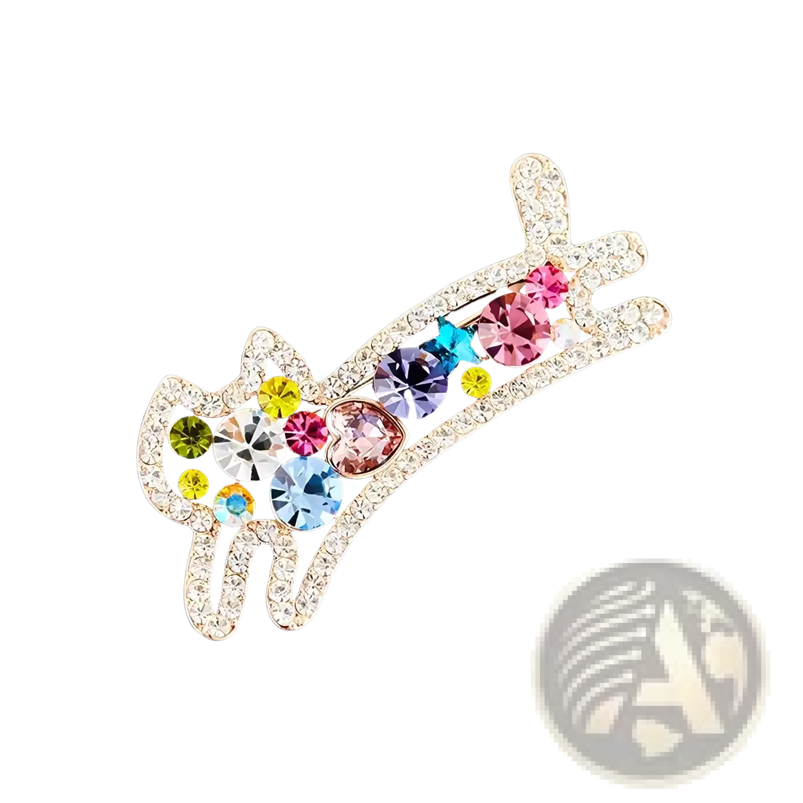 A gold-toned cat brooch adorned with multicolored rhinestones in various shapes and sizes rose gold pin