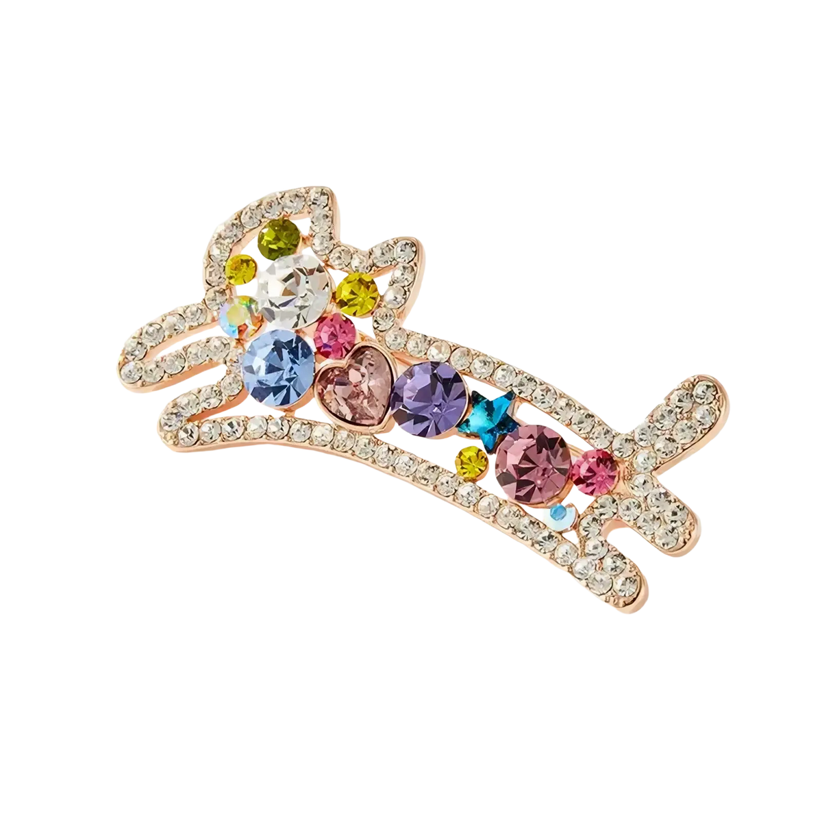 A sparkling rose gold claw clip adorned with multicolored rhinestones in heart star and round shapes