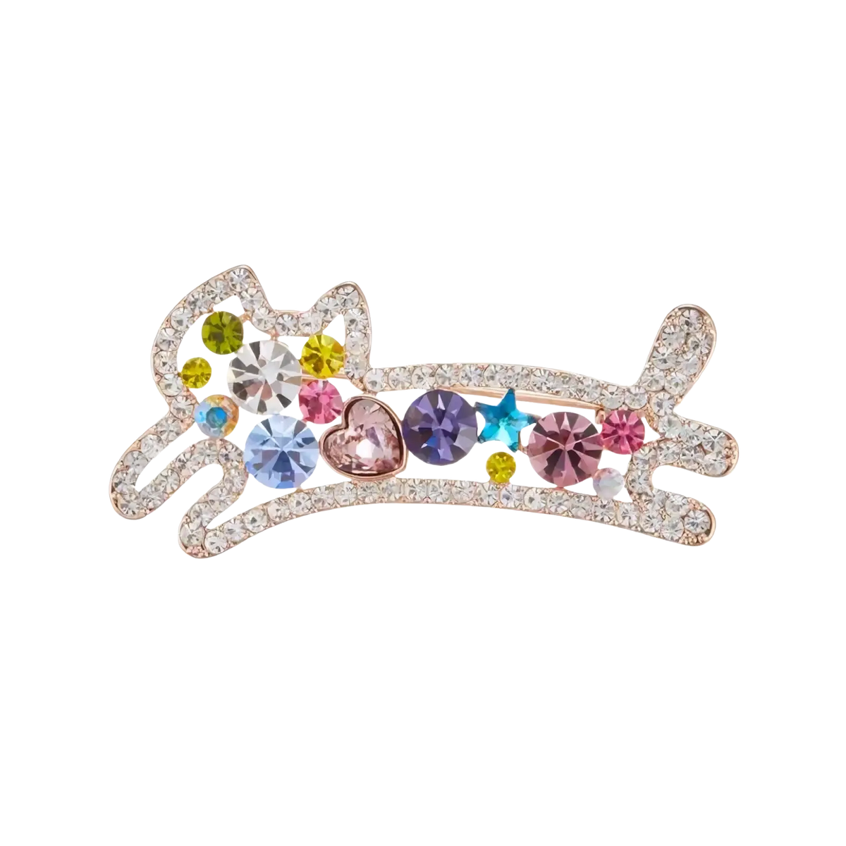A sparkling rose gold cat-shaped brooch adorned with yellow pink blue purple and clear rhinestones